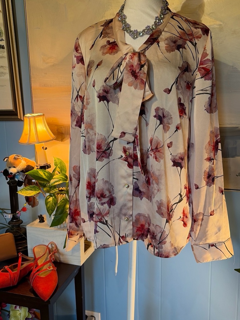 Sara Michelle Satin Cream Floral Tie-Neck Blouse with Plum and Mauve Print